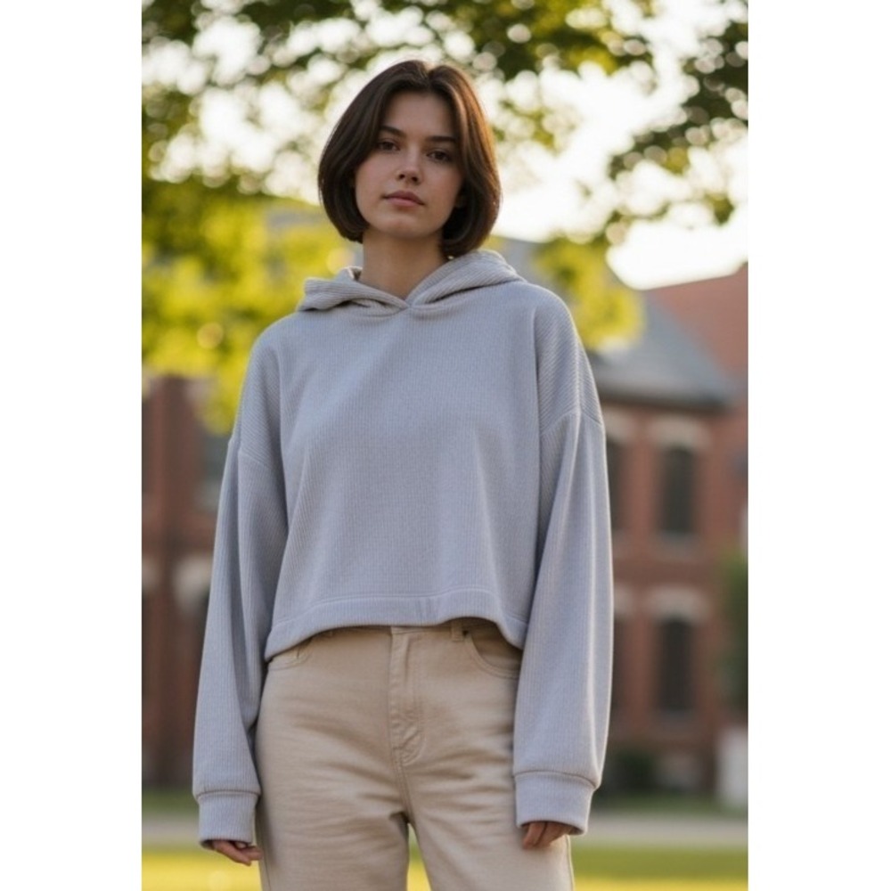 Athleta Girl Ribbed Cropped Hoodie Gray Pullover Knit SZ XL 16 Back To‎ School
